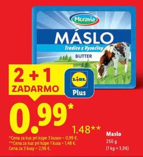 Maslo Moravia, 250 g, akcia 2+1 v obchode Lidl