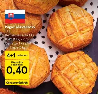 Pagáč oškvarkový, 71 g, akcia 4+1 v obchode Tesco